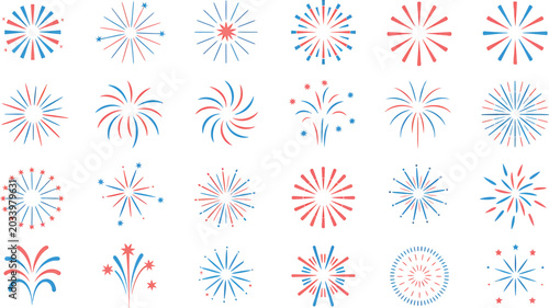 A collection of vibrant red and blue fireworks displays on a white background