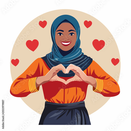 Woman in Hijab Forms Heart Shape with Hands, Surrounded by Hearts