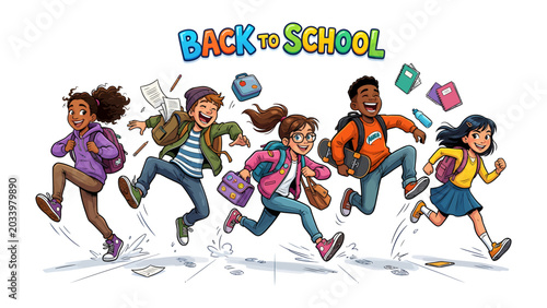 Quadro su tela Back to School Excitement: A diverse group of energetic children, laden with backpacks and school supplies, joyfully race towards a new academic year, their faces alight with anticipation