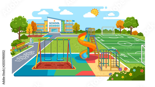 School Playground Panorama: A vibrant illustration captures a bustling school playground with modern facilities including swings, slides, climbing frames, and a soccer field.