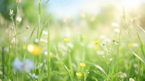 Abstract spring or summer background with fresh grass, airy seasonal visual for wellness, eco branding and greeting designs, bright natural tones, soft blur, clean composition, light optimistic mood,
