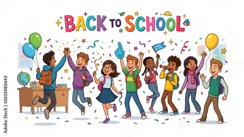 Fototapeta premium Back to School Celebration: A vibrant illustration depicts a group of diverse children exuberantly celebrating their return to school, surrounded by confetti and balloons.