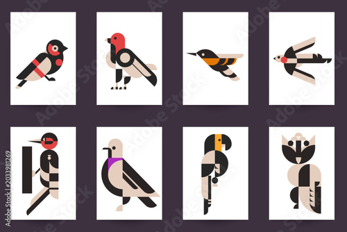 Set of minimalist geometric bird vector illustrations in flat abstract style. Colorful modern posters collection featuring bullfinch, eagle, hummingbird, swallow, woodpecker, pigeon, parrot and owl 