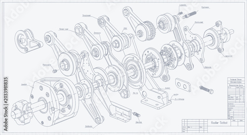 Foto Detailed Engineering Blueprint of an Exploded Engine Assembly.
