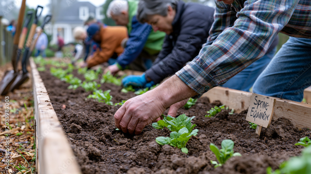 Naklejka premium Spring equinox community garden gathering with neighbors planting seedlings in long raised beds, a hand-lettered sign reading the date staked into fresh soil, garden tools leaning against a fence, e