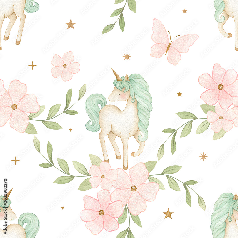 Fototapeta premium Watercolor seamless unicorn pattern on white background with green mane unicorn, pink flowers, leaves, butterfly and stars, for fabric and wallpaper