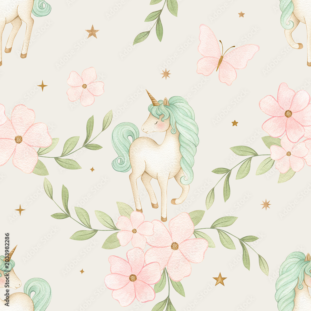 Fototapeta premium Watercolor seamless unicorn pattern on off-white gray background with green mane unicorn, pink flowers, leaves, butterfly and stars, for fabric and wallpaper
