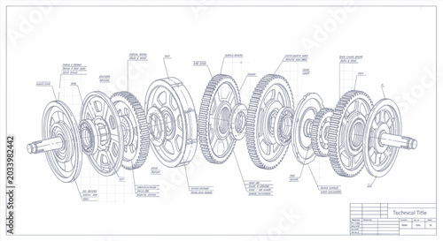 Bild auf Leinwand Detailed engineering blueprint of an exploded mechanical assembly
