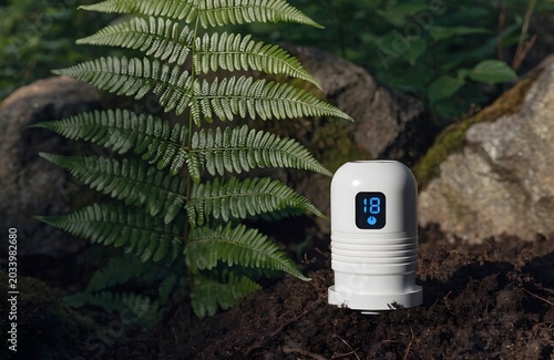 White soil moisture meter with digital display in garden setting
