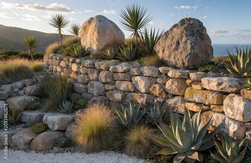 Stone wall with succulents and yucca plants coastal landscape