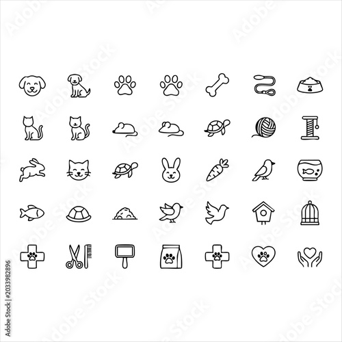 Schilderij op canvas Comprehensive pet care and veterinary medicine outline icons set with hand drawn