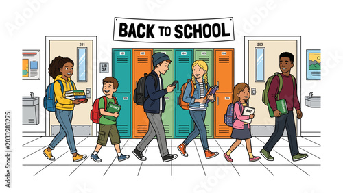 Konstfotografi Back to School Hallway Scene: Diverse students walk down a school hallway, heading to class with books and backpacks, under a Back to School banner