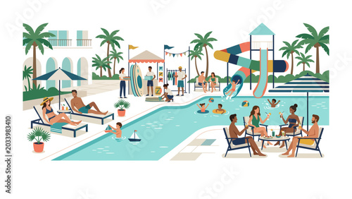 Summer Poolside Paradise: A vibrant illustration depicts a bustling resort scene with people enjoying various activities by a sparkling swimming pool, including sunbathing, swimming.