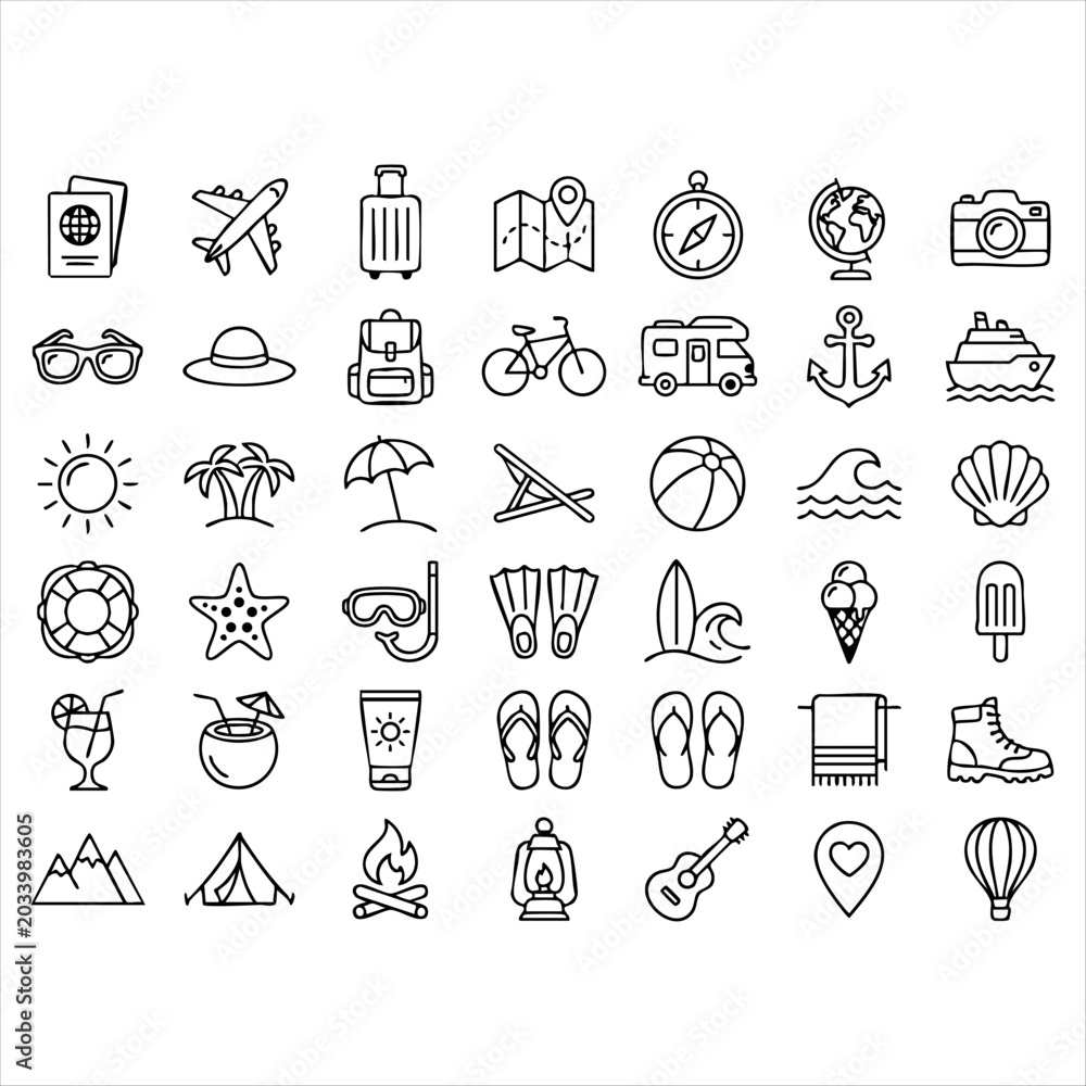 Fototapeta premium Comprehensive travel holiday vacation and leisure icons collection in hand drawn style vector illustration