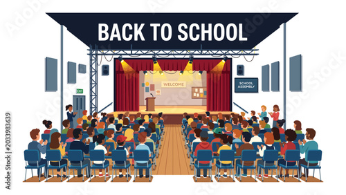 Slika na platnu Back to School Assembly: A vibrant illustration depicts a bustling school assembly, with students and teachers gathered in an auditorium under a banner proclaiming BACK TO SCHOOL