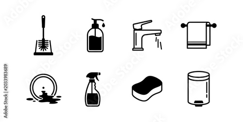 Slika na platnu Bathroom Cleaning Tools and Hygiene Supplies with Toilet Brush Soap Dispenser Fa