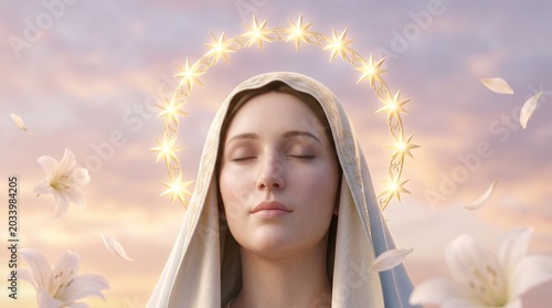 Solemnity of the Assumption of Mary Featuring a Close-up of a Glowing Halo of Twelve Stars Above the Head of the Virgin Mary, Religious Catholic Art