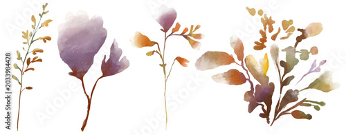 A set of watercolor floral decorative elements: branches in soft autumn tones. A collection of digital illustrations of abstract flowers, leaves, and buds, rendered in watercolor.