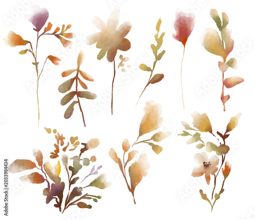 A set of watercolor floral elements: graceful botanical branches in soft autumnal tones. digital illustrations includes a variety of abstract flowers, leaves, and buds, rendered in watercolor.