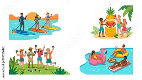 Fotografie Summer Fun Collage: A vibrant collage showcasing various summer activities like paddleboarding, poolside relaxation, beach parties, and tropical celebrations