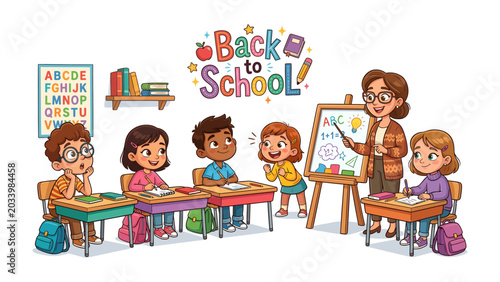 Konstfotografi Back to School Classroom: A vibrant illustration depicts a lively classroom scene with a smiling teacher instructing a group of diverse young students