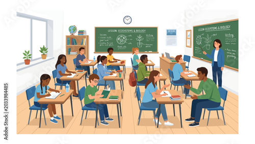 Classroom Engagement: A teacher guides diverse students through a lesson in a bright and modern classroom, fostering a collaborative learning environment.