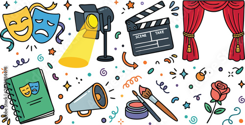 Theater and Cinema Performance Art Doodle Vector Icons Set