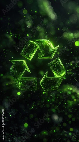 Glowing green recycling symbol with futuristic texture surrounded by sparkling particles on dark blurred background representing sustainability and eco awareness