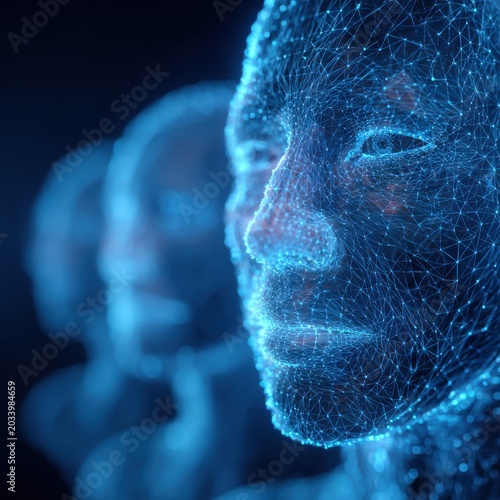 Futuristic digital human faces composed of interconnected glowing blue lines and nodes representing advanced artificial intelligence and neural networks in technolog