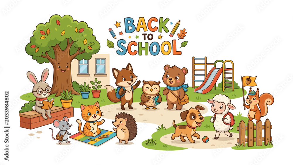 Fototapeta premium Back to School Animals Illustration: A charming collection of cartoon animals, including a rabbit, fox, bear, owl, and squirrel, are depicted getting ready for school with backpacks and books.