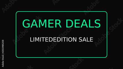 Foto Gaming, gamer deals, limited edition sale, neon green text, vector label, esport
