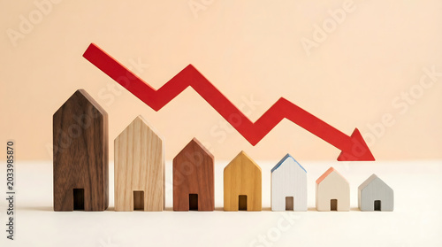 Real Estate Market Decline: Miniature Houses and Downward Red Arrow