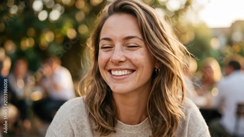 Happy woman portrait with candid smile and natural charm, emotionally warm lifestyle close-up designed for strong Adobe Stock search performance, clean expressive face, relatable beauty and authentic