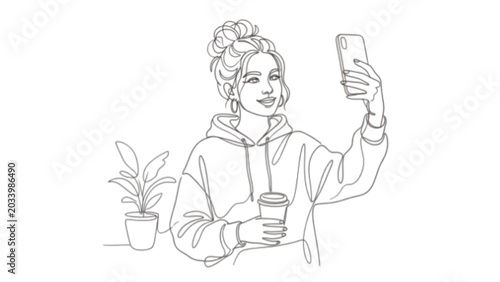 Foto Influencer Selfie Line Art – One Line Drawing of Smartphone Self Portrait, Casua