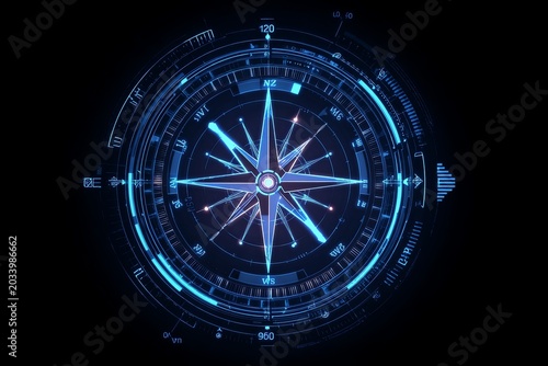 Clean vector HUD element showing a compass/directional indicator with digital data overlay, isolated on dark background, high-resolution graphic,