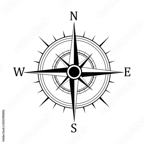 Compass. Determining cardinal directions and directions. Compass with an eight pointed compass rose. Indicating geographic directions. Circle with symmetrical rays and a central compass axis.