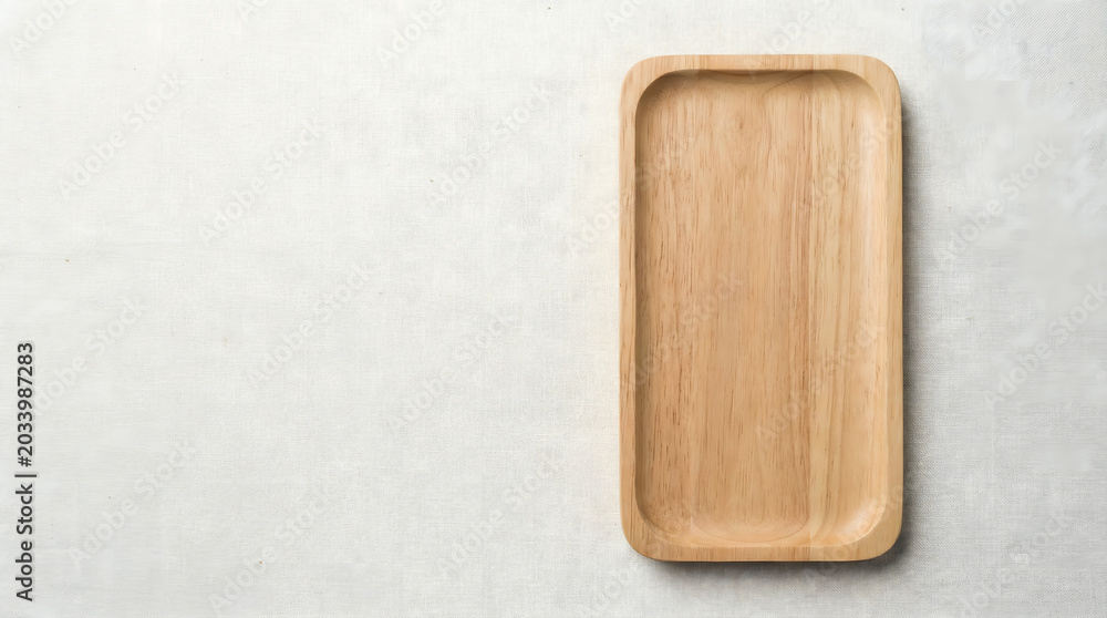 Fototapeta premium Empty Rectangular Wooden Tray on Light Textured Background, Minimalist Copy Space