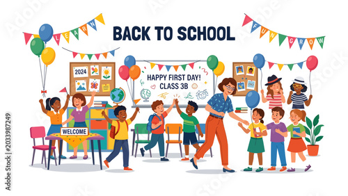 Back to School Celebration: A vibrant illustration depicting a classroom buzzing with excitement on the first day of school.