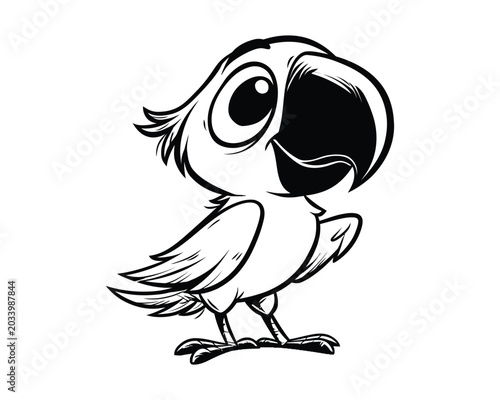 Cartoon parrot black and white line drawing white background tropical