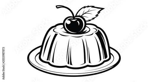Jelly mold dessert with cherry on top, black and white illustration, background