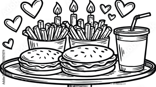 Tray of fast food with burgers french fries drink birthday candles, line art