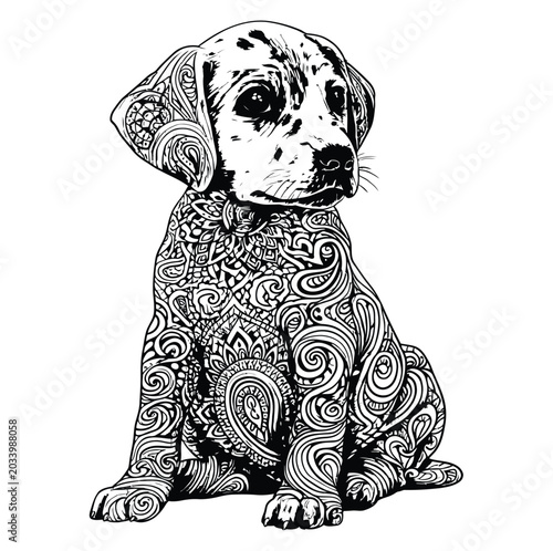 Dalmatian puppy with intricate paisley pattern covering its fur, dalmatian