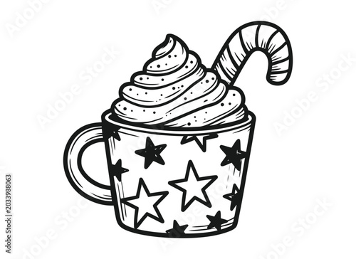 Doodle of a hot chocolate in a starry mug with candy cane and whipped cream