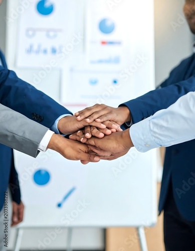 Diverse Business Team Stacking Hands Together in Modern Office Meeting Room