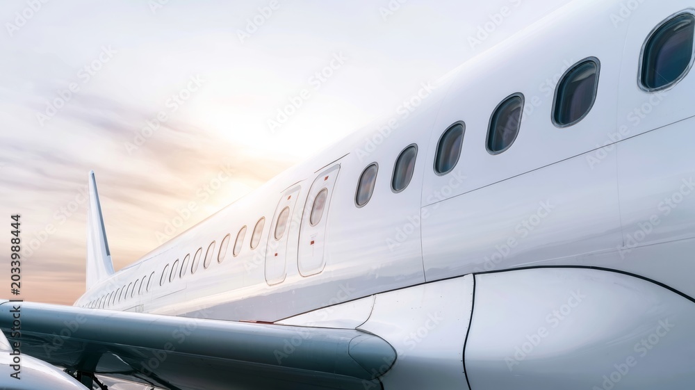 Fototapeta premium Commercial airplane fuselage with windows and emergency exit doors against a pale sky, symbolizing travel and aviation