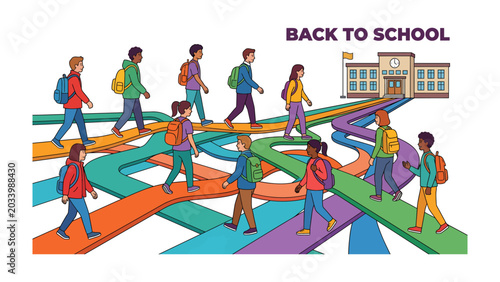 Back to School Crossroads: A vibrant illustration depicts diverse students navigating a colorful, winding path toward a school building, symbolizing the many journeys of education.