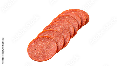Billede på lærred Slices of traditional red smoked pepperoni salami sausage isolated on transparen