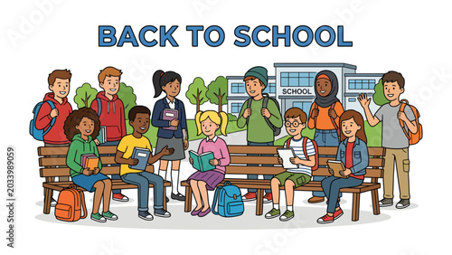 Foto Back to School Diversity: A vibrant illustration depicts a diverse group of students of various ethnicities and ages gathered on school benches, ready to embrace a new academic year