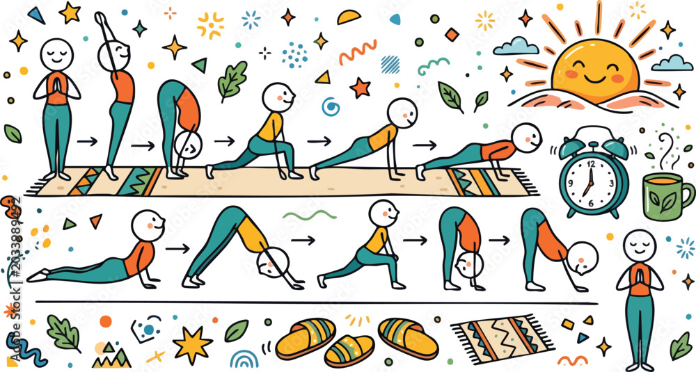 Fototapeta premium Yoga Sun Salutation Sequence Stick Figure Morning Routine Vector