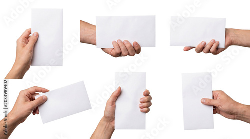Cuadro en lienzo Collection of diverse hands holding blank white envelopes or cards, ideal for communication and message concepts